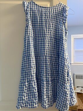 Blue & White Gingham Tiered Kids Dress